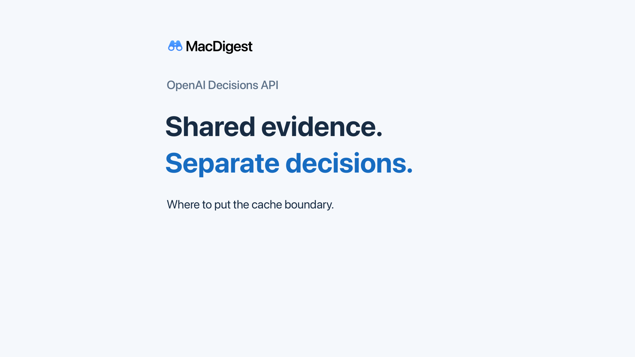 MacDigest cover reading Shared evidence. Separate decisions. for OpenAI Decisions API.