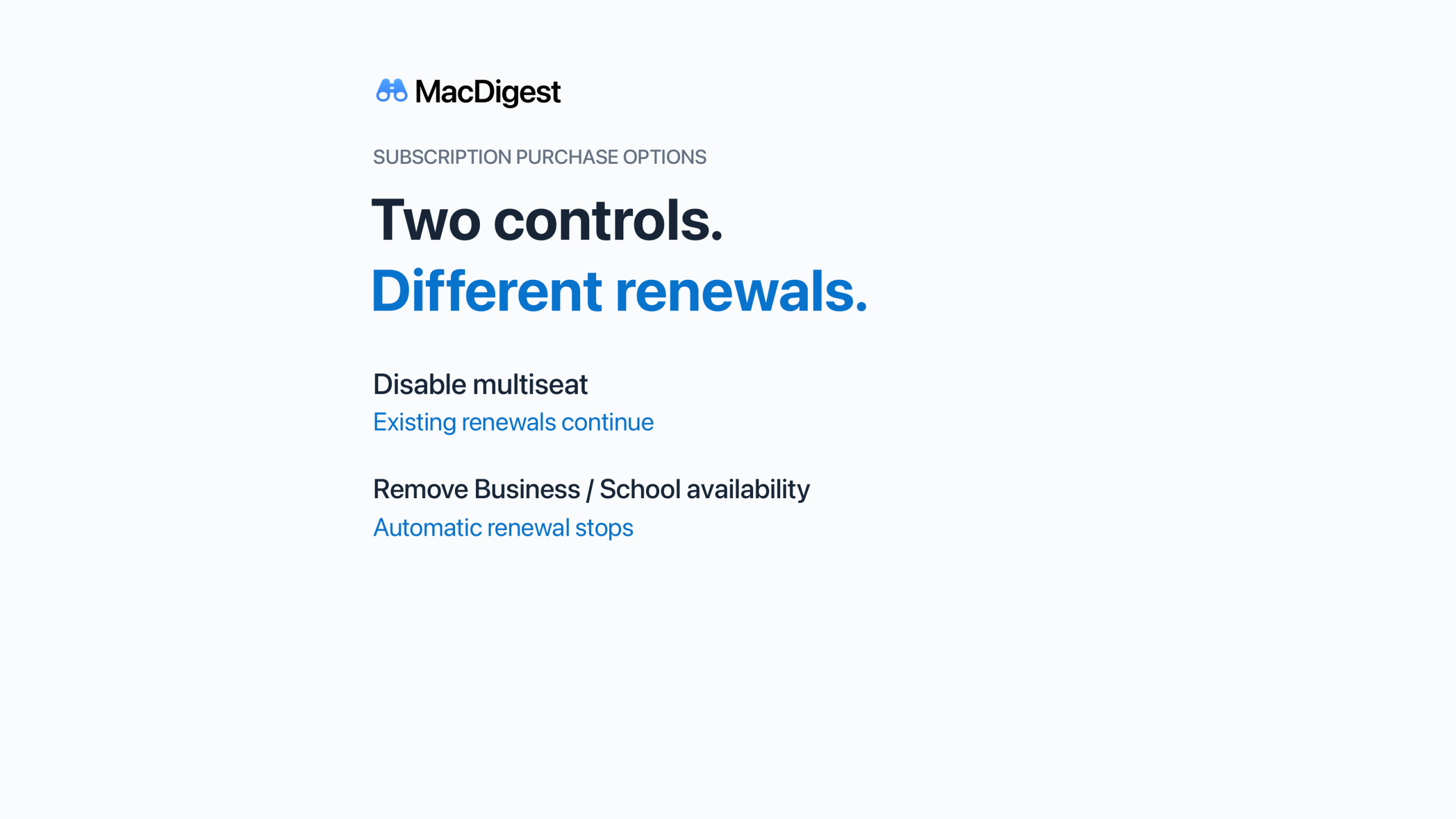 Two App Store Connect choices compared: disabling multiseat purchases preserves existing renewals, while removing Business or School availability stops automatic renewal.