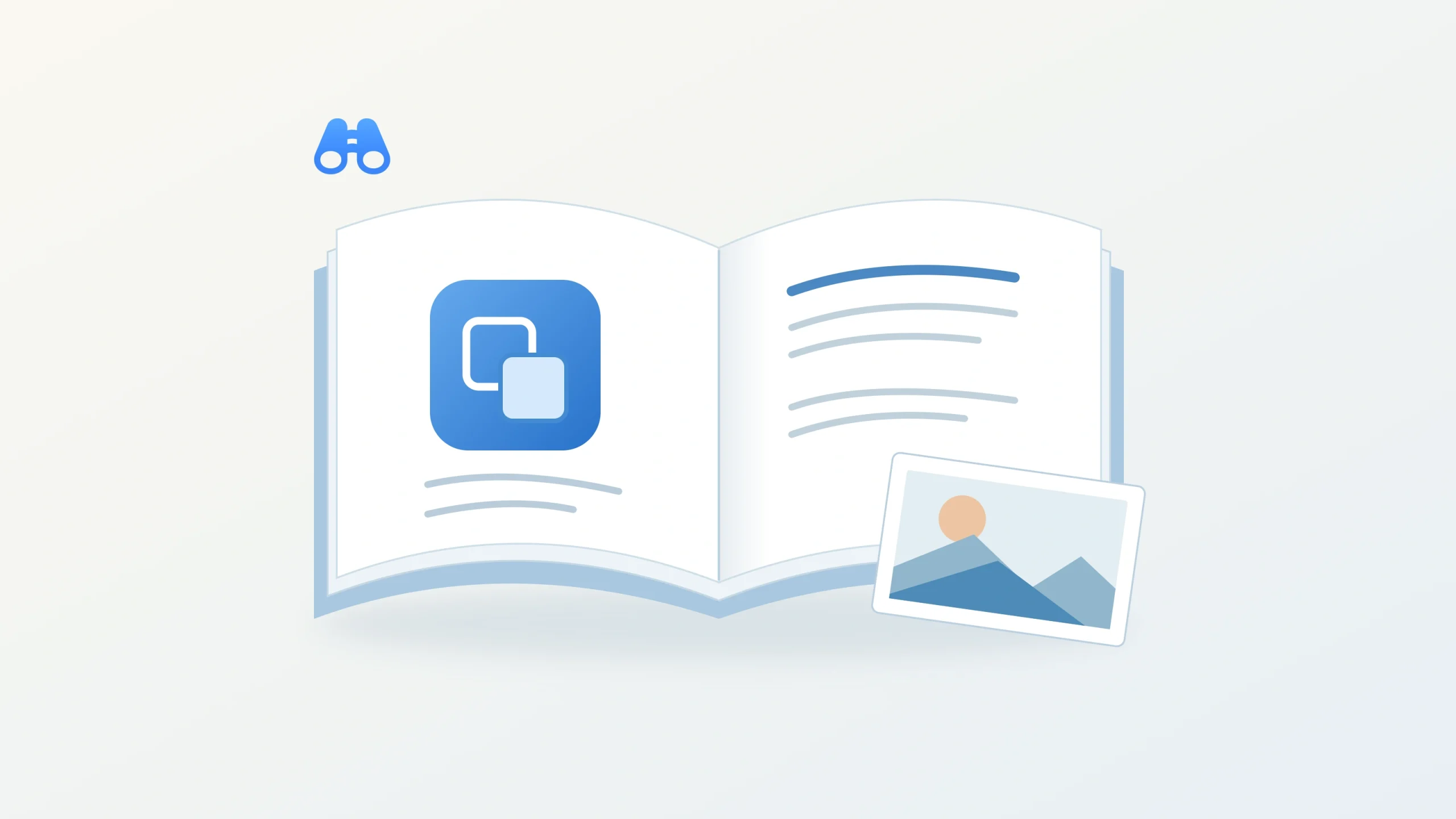 An open reference guide contains a blue abstract app tile and muted content lines, with a small landscape artwork sample resting across the lower right page. The original blue MacDigest binocular mark sits at upper left.