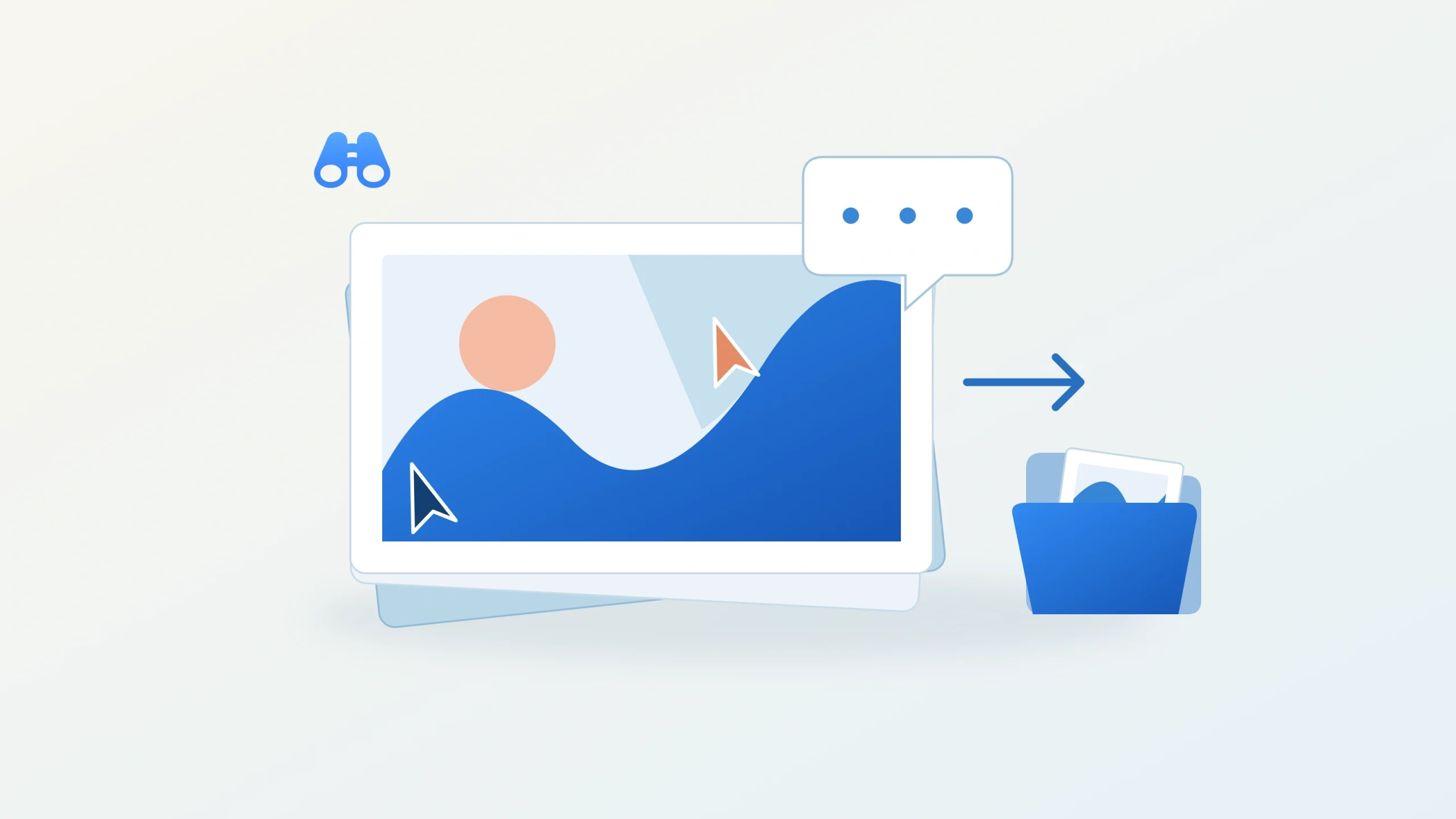A shared stack of landscape slides with two review pointers and a comment bubble, followed by an arrow into a blue document folio. The original blue MacDigest binocular mark appears at upper left.