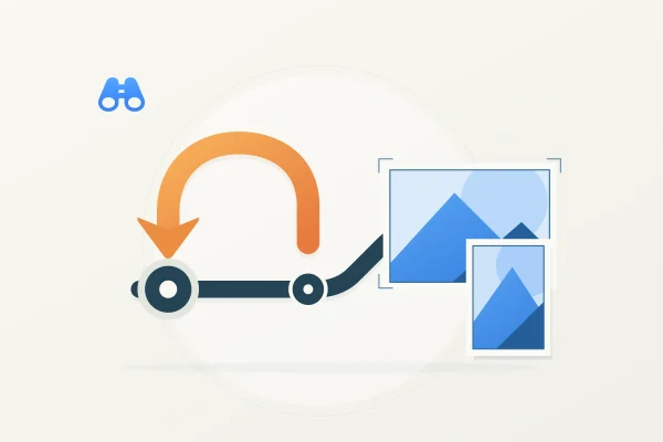 On warm white, an orange return arrow loops back toward an earlier node on a dark blue software route. Two blue abstract image canvases, landscape and portrait, overlap at right. The blue MacDigest binocular mark sits at upper left.