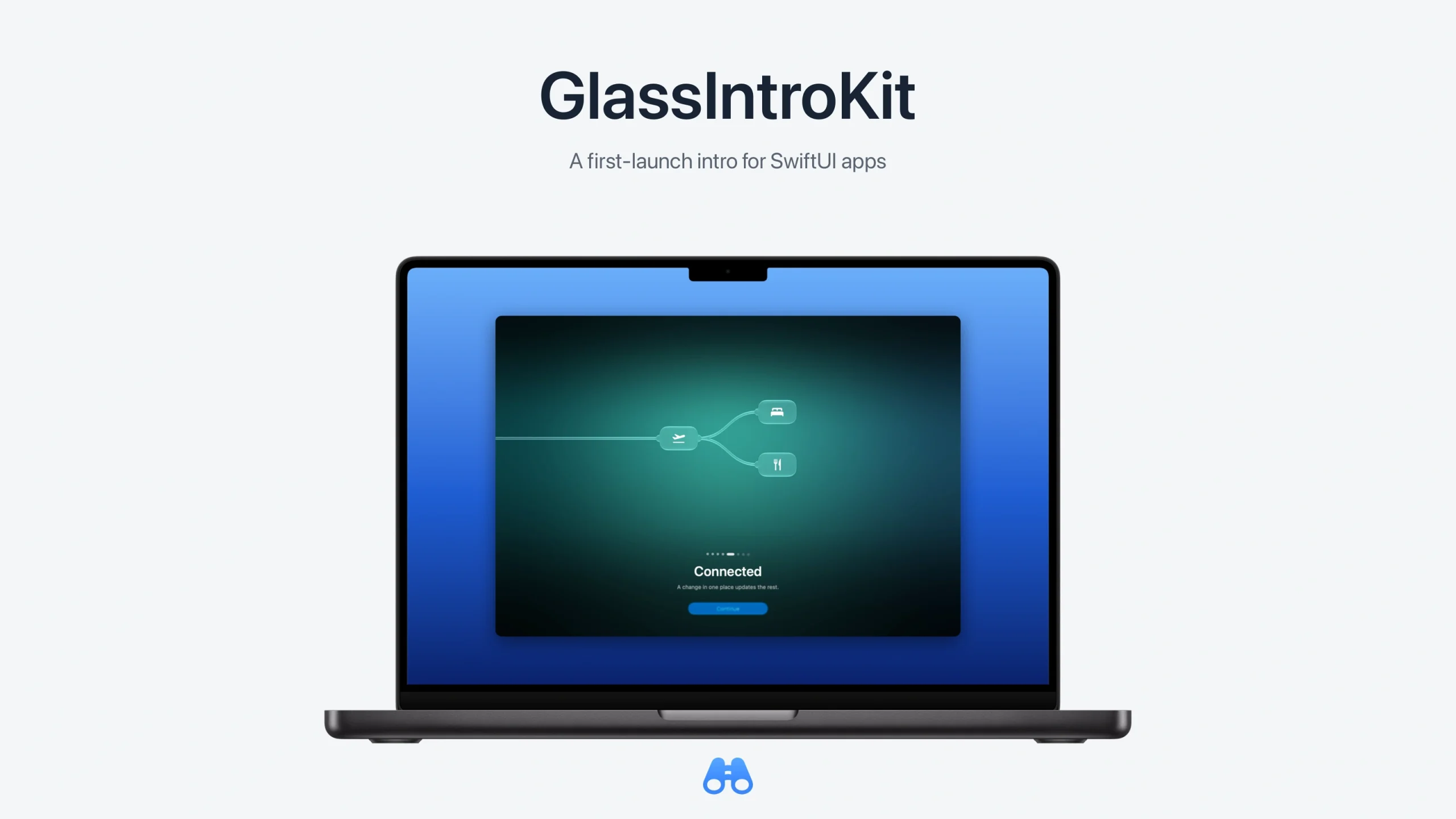 GlassIntroKit title above the project’s macOS graph-page screenshot, with the blue MacDigest binocular mark below.