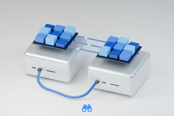 Conceptual illustration of two generic silver desktop computers joined by a blue cable. Symbolic blue tile banks sit above them, connected by three short blue links. The blue MacDigest binocular mark sits below.