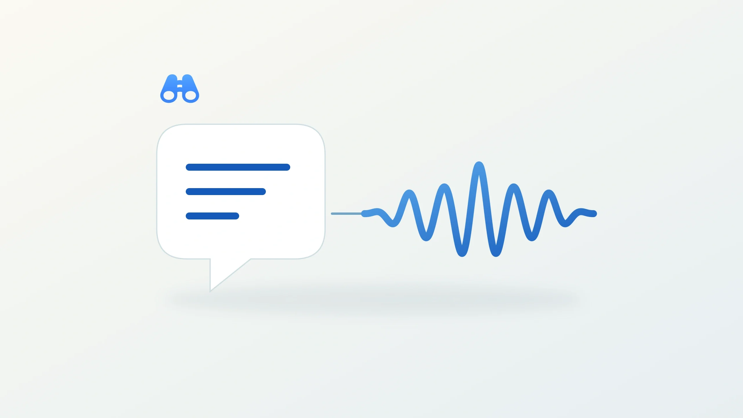 Text-free illustration of description lines inside a speech bubble resolving into a blue voice waveform, with the original MacDigest binocular mark.
