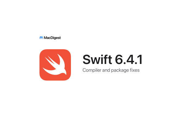 The official Swift logo beside the headline Swift 6.4.1 and the subtitle Compiler and package fixes, with small blue MacDigest branding on white.