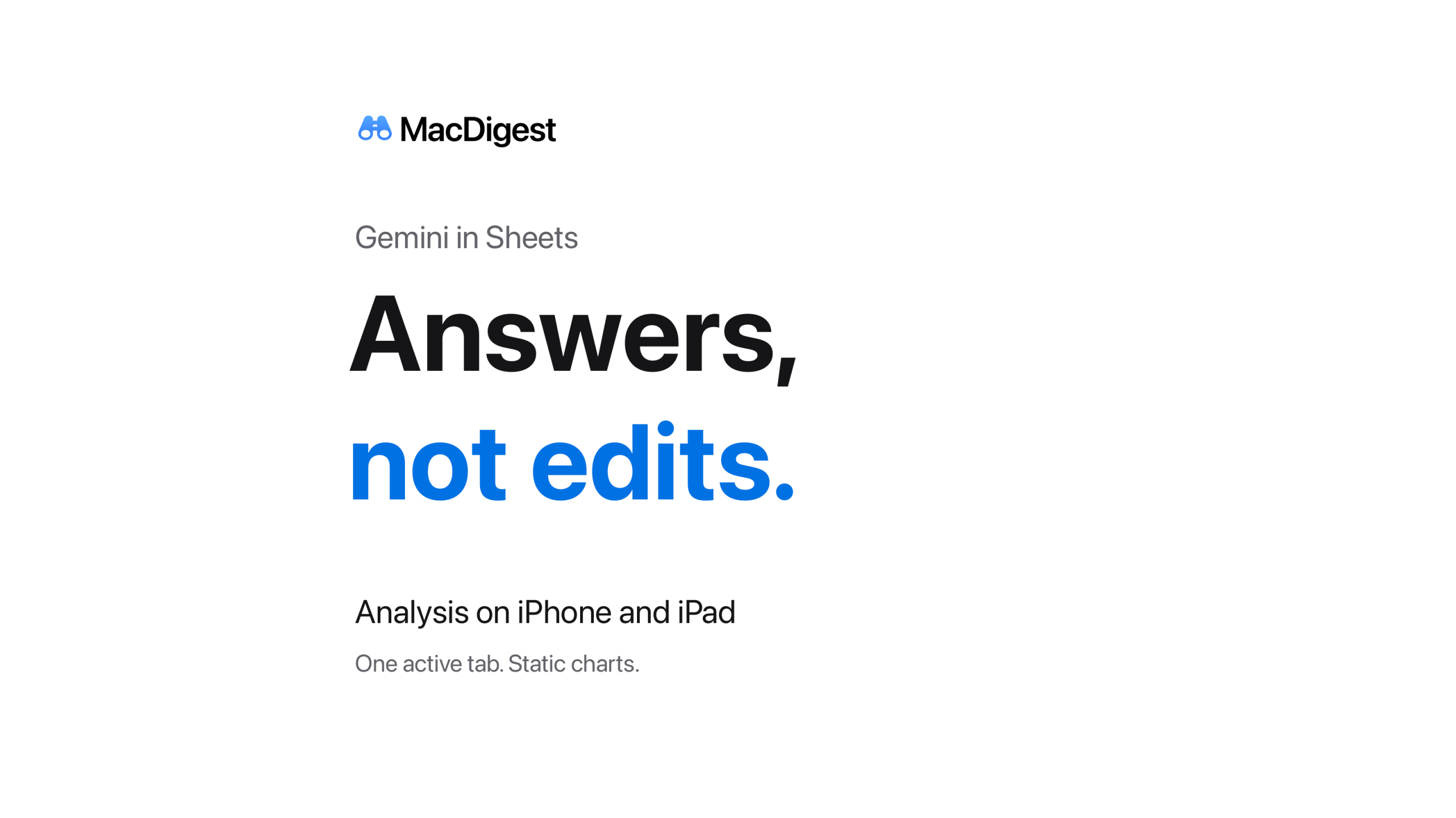 MacDigest cover reading “Gemini in Sheets. Answers, not edits.” with “Analysis on iPhone and iPad” and “One active tab. Static charts.” on a white background.