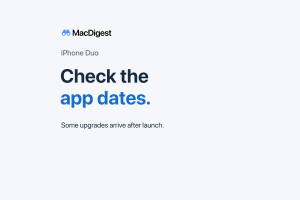 MacDigest editorial graphic reading iPhone Duo, Check the app dates, and Some upgrades arrive after launch.