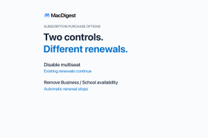 Two App Store Connect choices compared: disabling multiseat purchases preserves existing renewals, while removing Business or School availability stops automatic renewal.