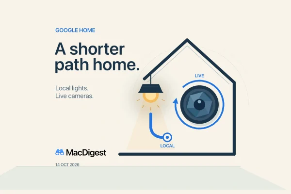 Editorial illustration of a lamp connected by a short blue path inside an abstract home, beside a camera aperture encircled by a refresh arrow. Google Home and MacDigest branding.