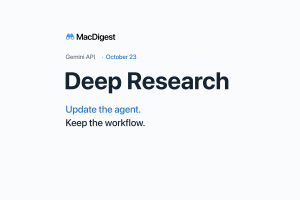 Minimal MacDigest cover on an off-white background. The original blue-binocular MacDigest logo appears above a small line reading “Gemini API · October 23.” Large dark text reads “Deep Research.” Blue text reads “Update the agent.” followed by “Keep the workflow.”