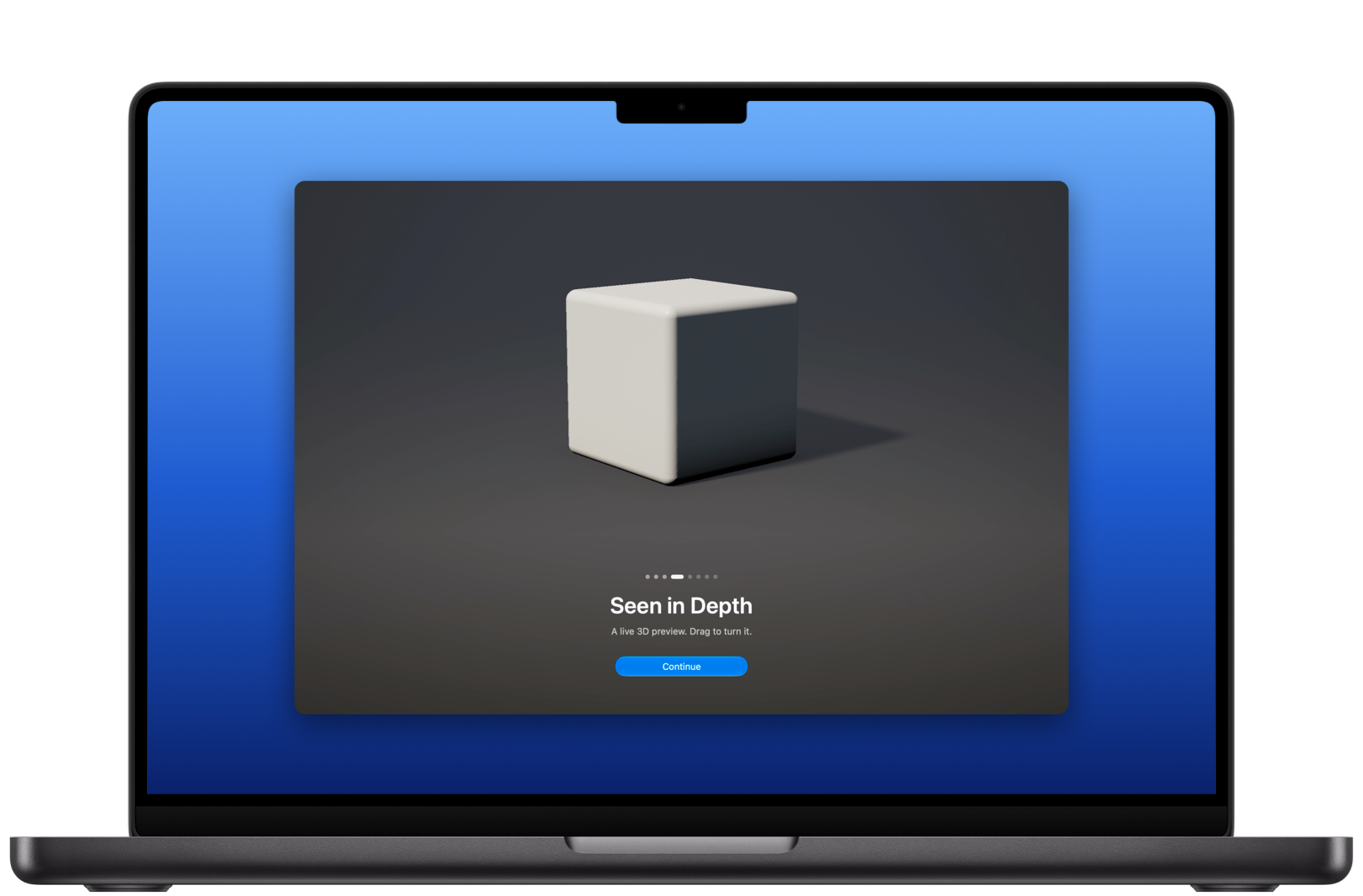 A lit cube appears in GlassIntroKit’s macOS scene page, above the title Seen in Depth.