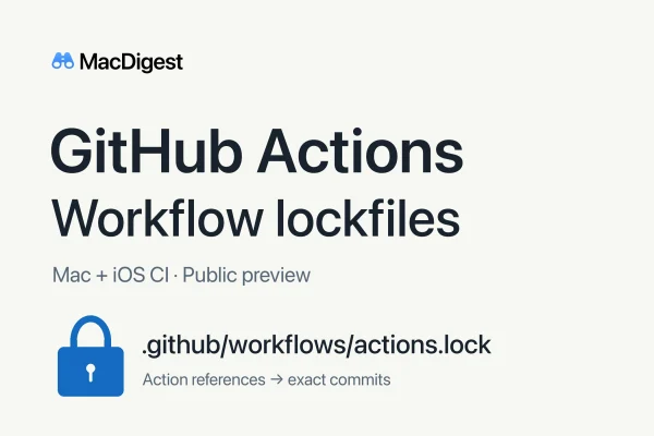 MacDigest cover for GitHub Actions workflow lockfiles, with a blue lock, the path .github/workflows/actions.lock, and the words “Mac + iOS CI · Public preview.”
