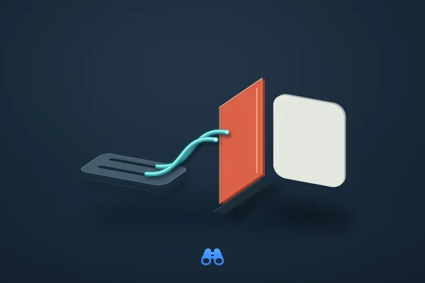 Two cyan paths rise from a grooved graphite block and end before a coral vertical baffle. An ivory app-shaped tile stands beyond it on an open dark-blue ground. A small blue MacDigest binocular mark sits below.