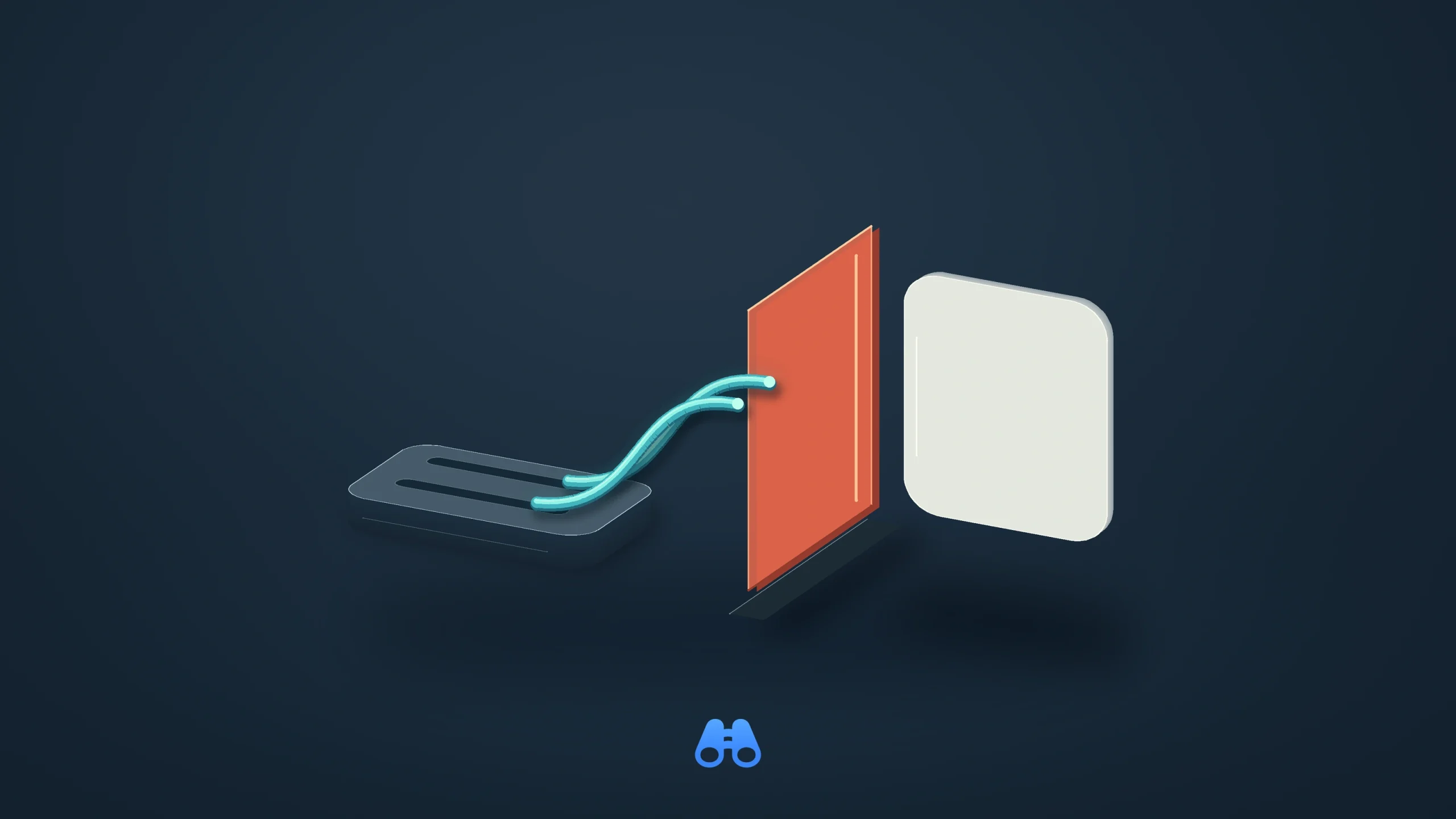 Two cyan paths rise from a grooved graphite block and end before a coral vertical baffle. An ivory app-shaped tile stands beyond it on an open dark-blue ground. A small blue MacDigest binocular mark sits below.