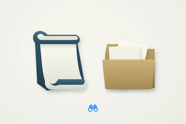 A blank ivory scroll with a blue reverse stands beside an ochre folder holding three loose blank notes on a pale background. The blue MacDigest binocular symbol is centered below.