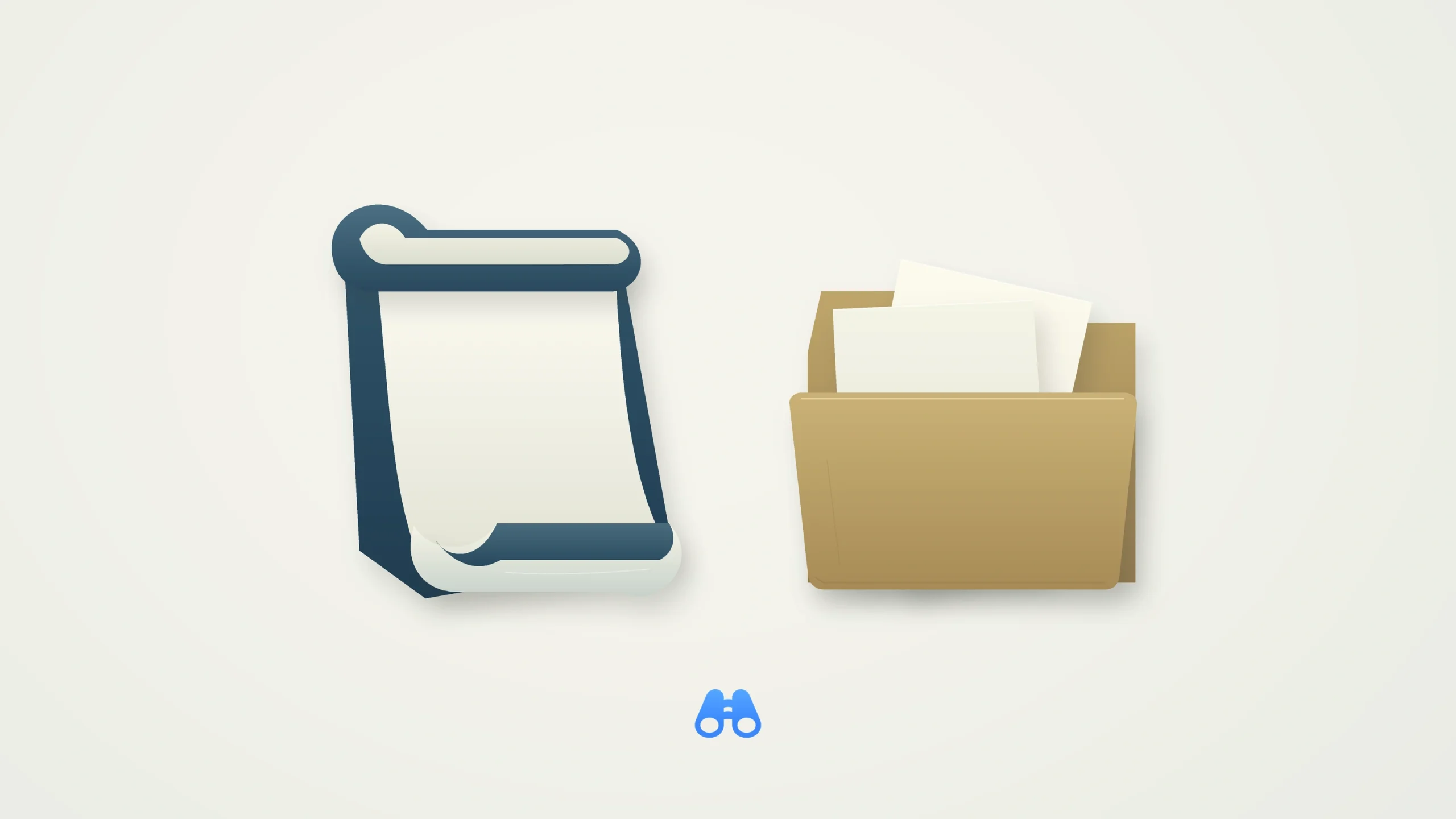 A blank ivory scroll with a blue reverse stands beside an ochre folder holding three loose blank notes on a pale background. The blue MacDigest binocular symbol is centered below.