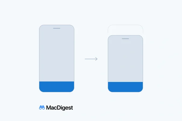 Two conceptual phone-shaped market forms compare Q3 2025 with Q3 2026. The right form is smaller overall, with a proportionally larger blue Apple shipment share; a faint outline shows the previous market size. MacDigest branding appears below.