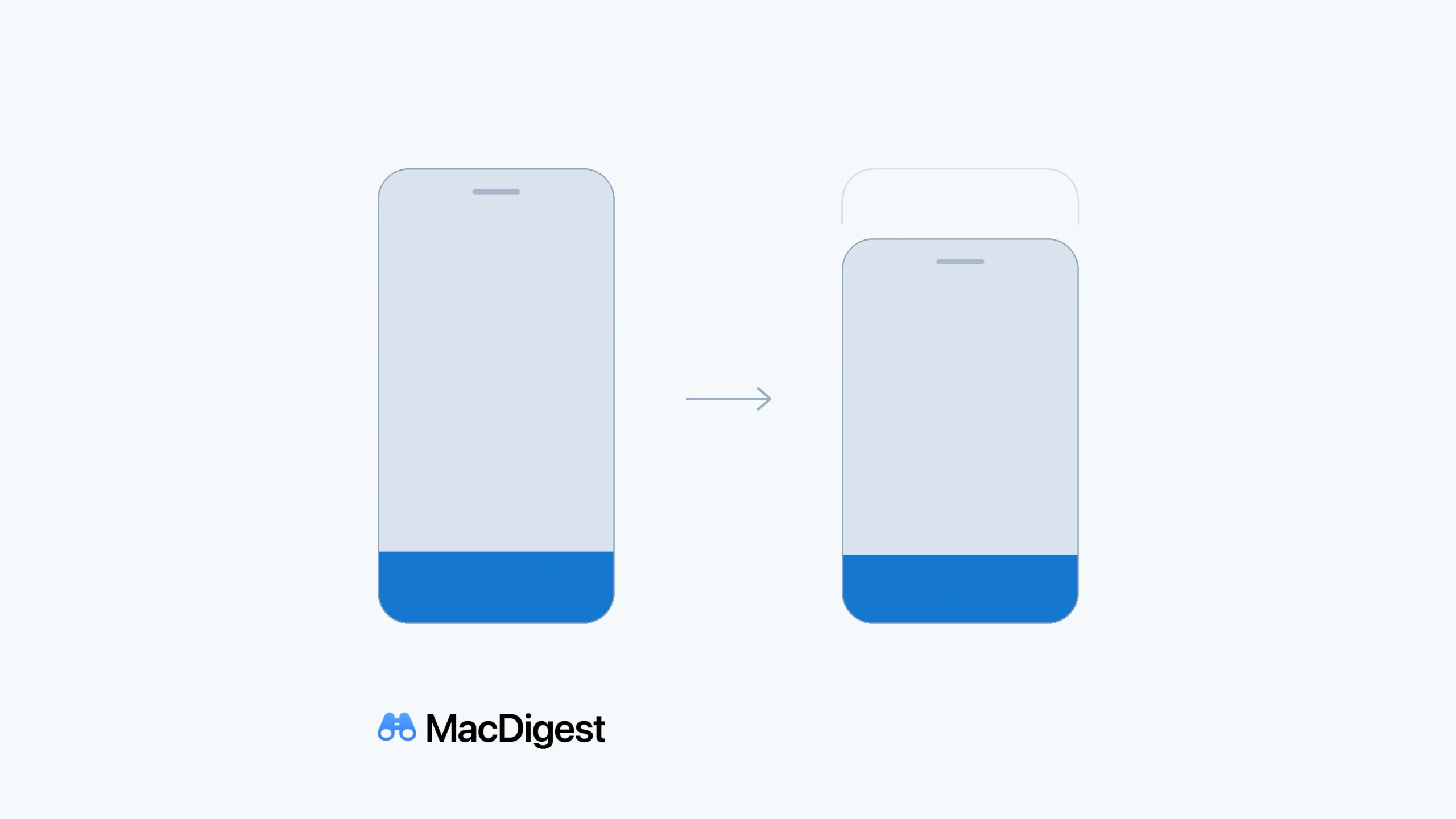 Two conceptual phone-shaped market forms compare Q3 2025 with Q3 2026. The right form is smaller overall, with a proportionally larger blue Apple shipment share; a faint outline shows the previous market size. MacDigest branding appears below.