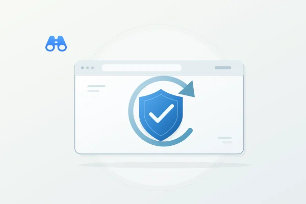 A blue shield with a check mark sits inside a pale browser window, surrounded by a circular update arrow. The blue MacDigest binocular mark appears at upper left.