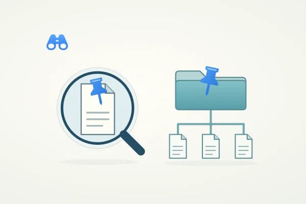 A magnifying glass surrounds a document with its own blue pin. Beside it, a pinned teal folder branches to three documents outside the magnifying glass. The blue MacDigest binocular mark appears at upper left.