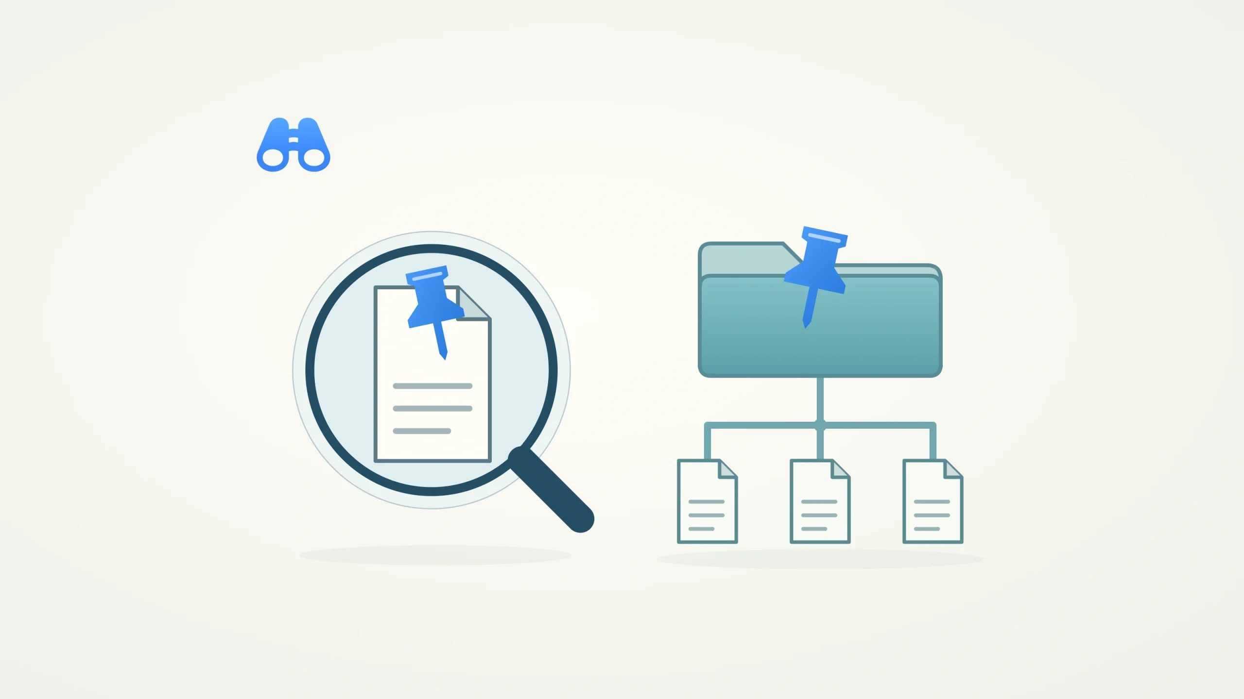 A magnifying glass surrounds a document with its own blue pin. Beside it, a pinned teal folder branches to three documents outside the magnifying glass. The blue MacDigest binocular mark appears at upper left.