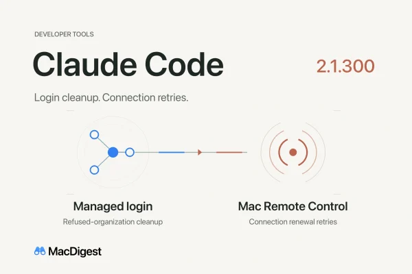 MacDigest editorial illustration for Claude Code 2.1.300. Blue organization-account nodes connect along a single line to terracotta remote-signal arcs. Labels read Managed login and Mac Remote Control.