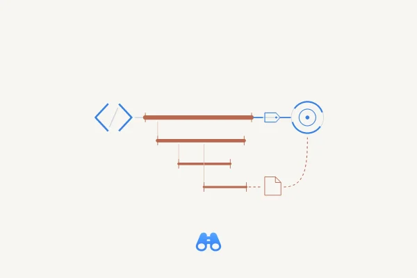 Text-free illustration on an off-white background. Blue code brackets connect to terracotta nested trace spans and a blue monitoring ring. A solid blue path contains a blank metadata-tag shape; a secondary dashed terracotta branch contains a blank page to suggest optional content export. The authentic blue MacDigest binocular symbol sits below.