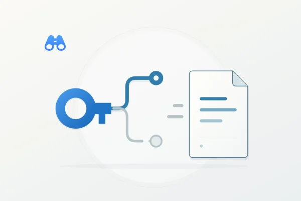 A blue key connects to a branching route with one solid connection and one interrupted connection. Beside it, a report sheet holds three blue lines, with two neutral bars outside it. The blue MacDigest binocular mark appears at upper left.