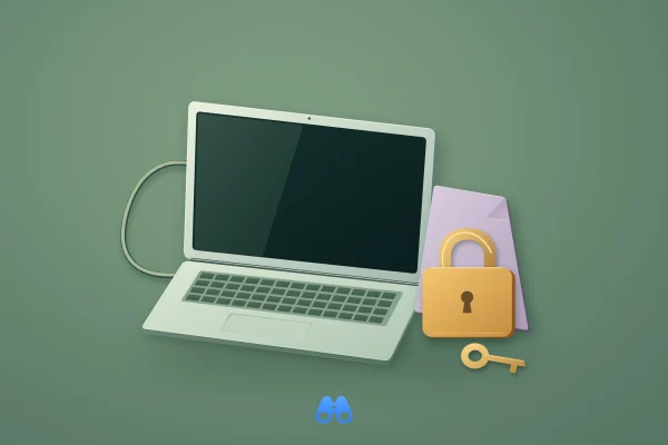 On a muted green background, a silver laptop has a blank dark screen and a pale connection cord looping behind it. Beside the computer, a lavender certificate card supports a closed brass padlock; its key lies separately on the desk. A small blue MacDigest binocular symbol is centered below.