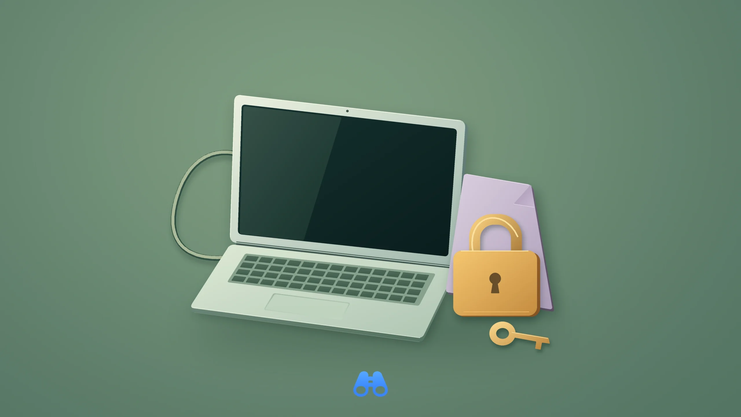 On a muted green background, a silver laptop has a blank dark screen and a pale connection cord looping behind it. Beside the computer, a lavender certificate card supports a closed brass padlock; its key lies separately on the desk. A small blue MacDigest binocular symbol is centered below.