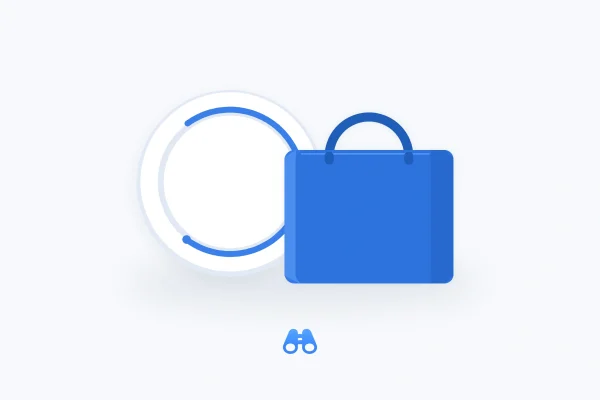 A blue shopping bag stands beside an unnumbered circular timer on a pale background, with the MacDigest binocular symbol below.