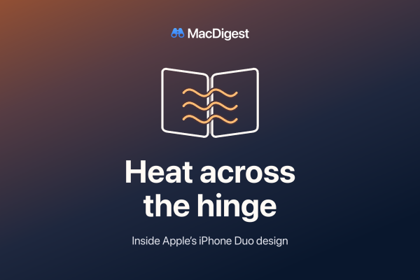 Two outlined phone panels connected by a heat-wave motif on an orange-to-navy gradient, with MacDigest branding and Heat across the hinge.