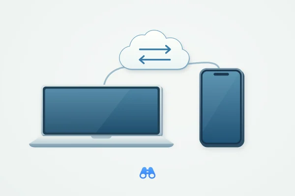 A blue-screen notebook and a blue-screen phone connect to a white cloud containing two opposing arrows on a pale background. The blue MacDigest binocular mark is centered below.