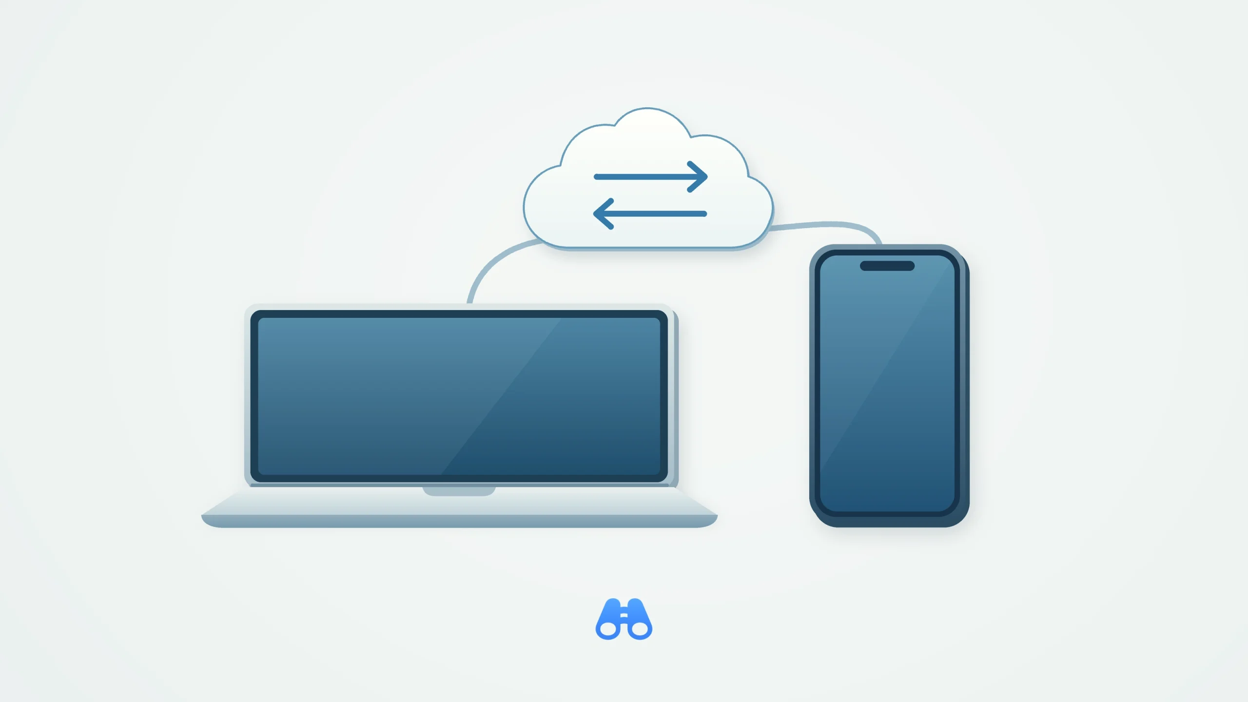 A blue-screen notebook and a blue-screen phone connect to a white cloud containing two opposing arrows on a pale background. The blue MacDigest binocular mark is centered below.