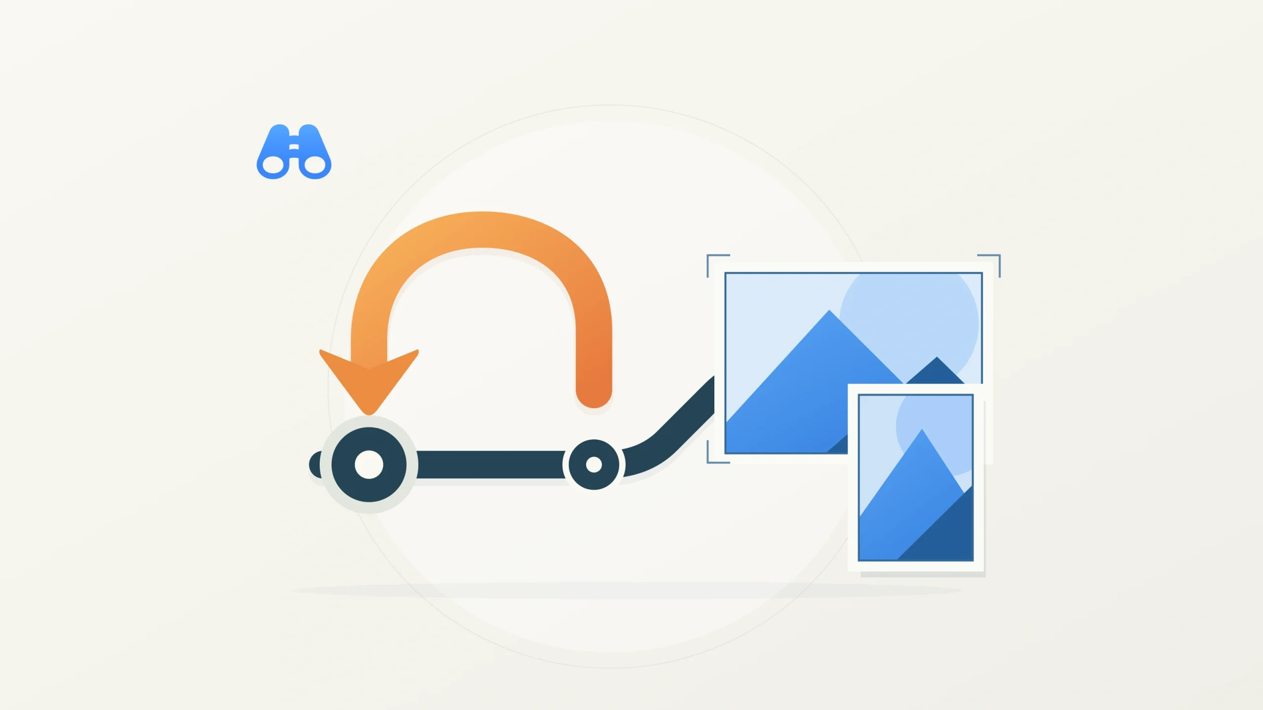 On warm white, an orange return arrow loops back toward an earlier node on a dark blue software route. Two blue abstract image canvases, landscape and portrait, overlap at right. The blue MacDigest binocular mark sits at upper left.