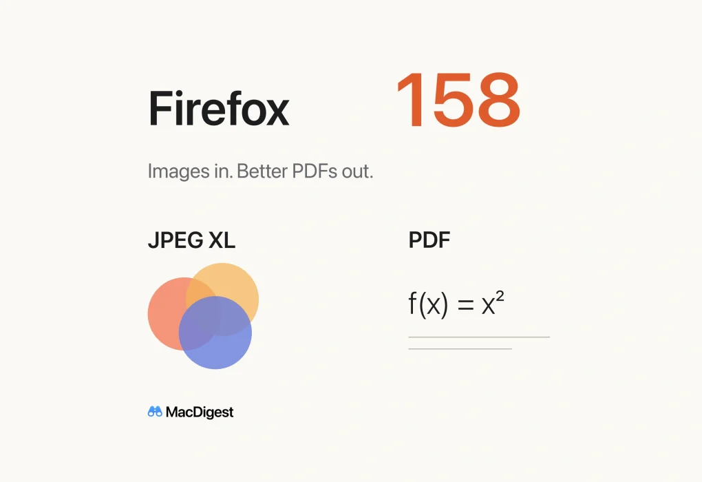 MacDigest editorial cover for Firefox 158. JPEG XL is represented by overlapping colored circles, beside a PDF label, the expression f(x) = x² and two text-like lines.