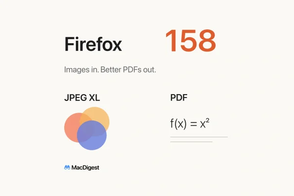 MacDigest editorial cover for Firefox 158. JPEG XL is represented by overlapping colored circles, beside a PDF label, the expression f(x) = x² and two text-like lines.