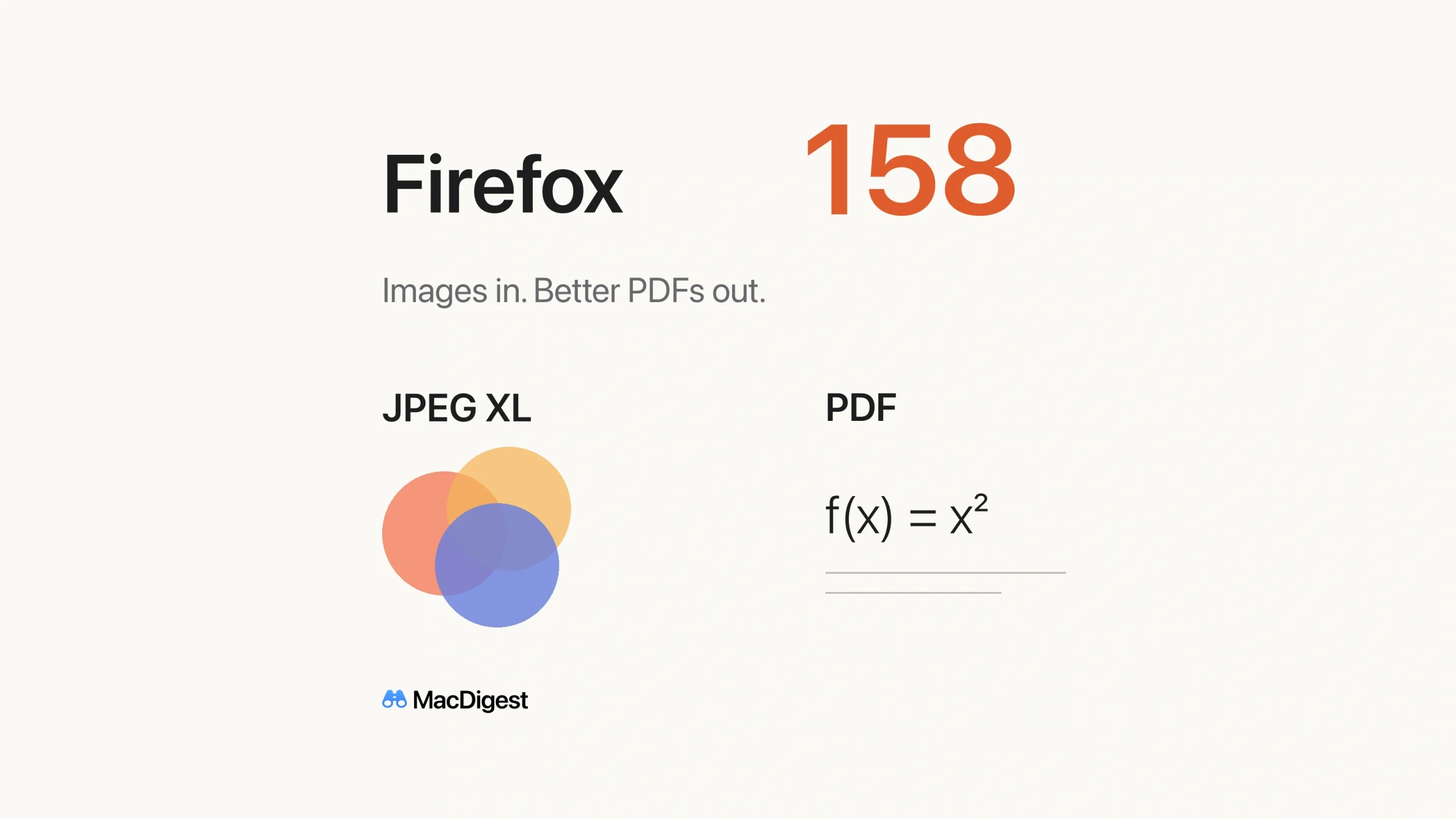 MacDigest editorial cover for Firefox 158. JPEG XL is represented by overlapping colored circles, beside a PDF label, the expression f(x) = x² and two text-like lines.