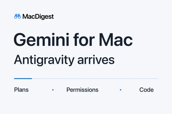MacDigest cover reading “Gemini for Mac” and “Antigravity arrives,” with Plans, Permissions and Code beneath the blue binocular wordmark.