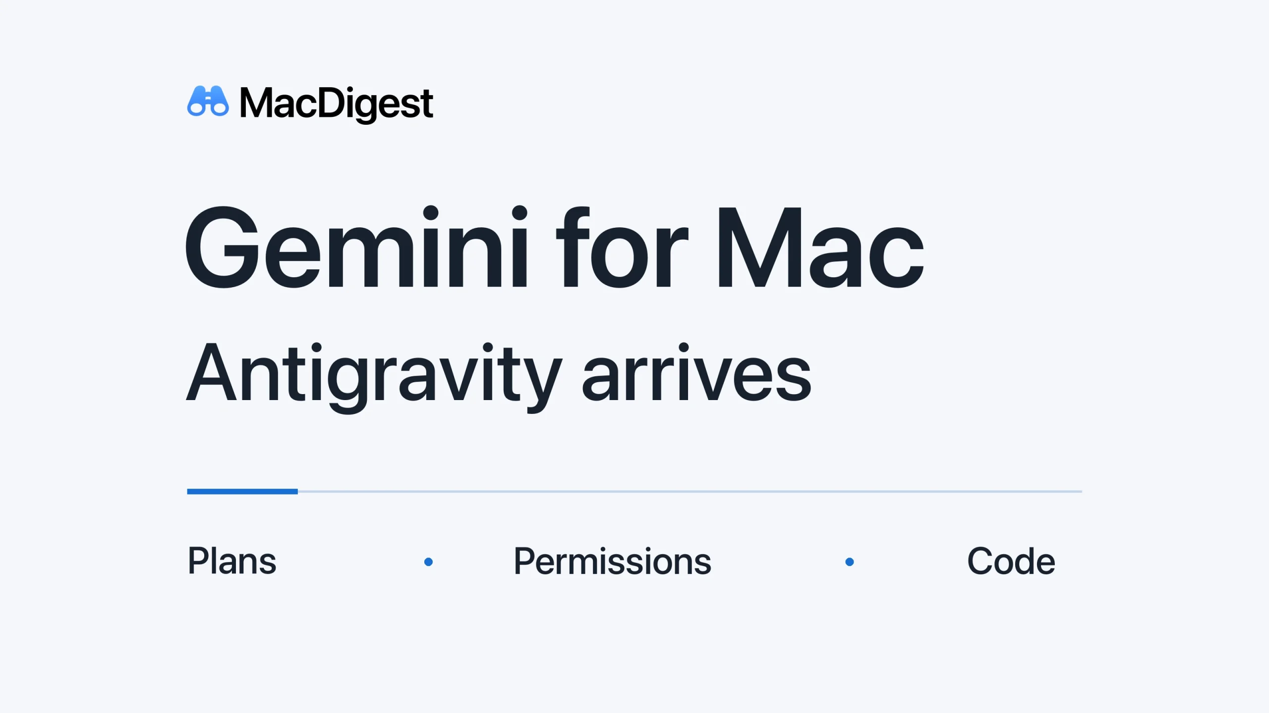 MacDigest cover reading “Gemini for Mac” and “Antigravity arrives,” with Plans, Permissions and Code beneath the blue binocular wordmark.