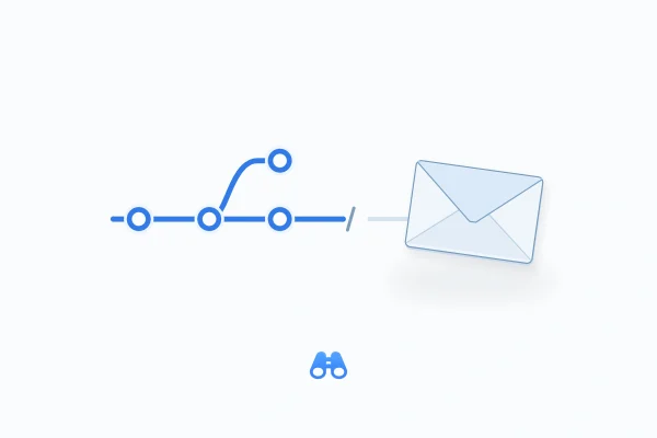A blue commit graph ends before a pale envelope, with a small break in the delivery path and the blue MacDigest binocular mark below.