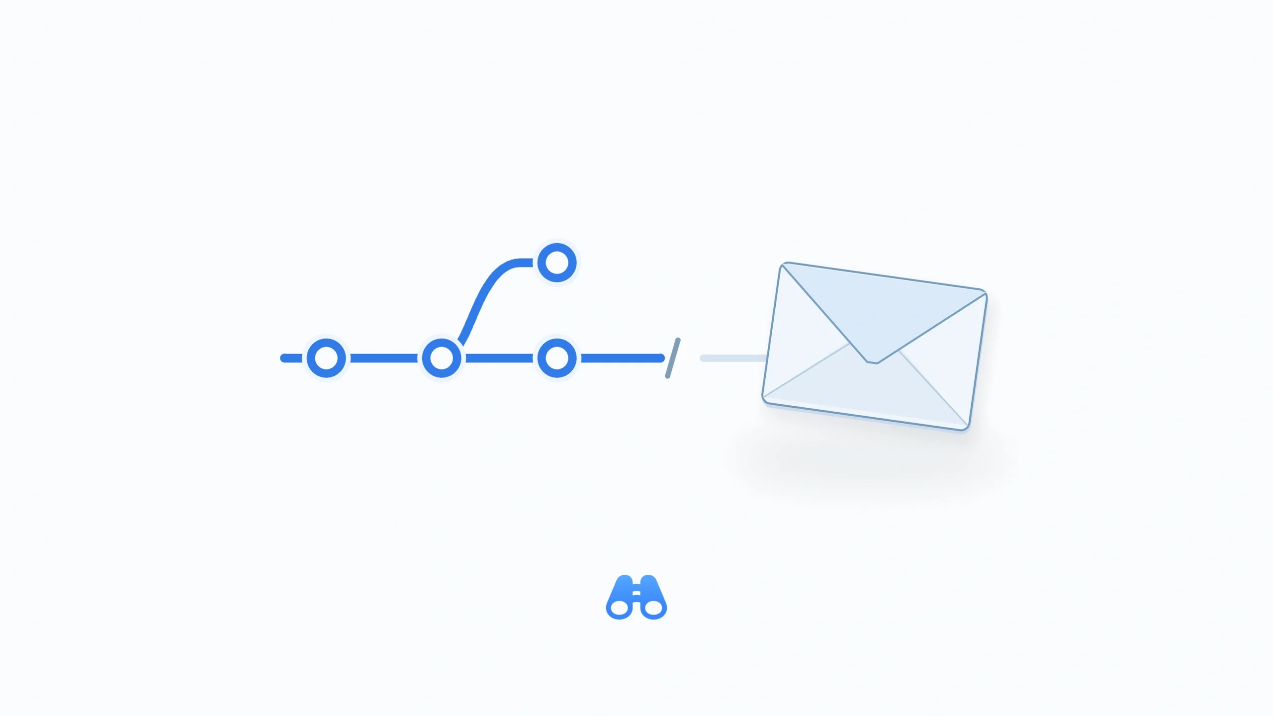A blue commit graph ends before a pale envelope, with a small break in the delivery path and the blue MacDigest binocular mark below.