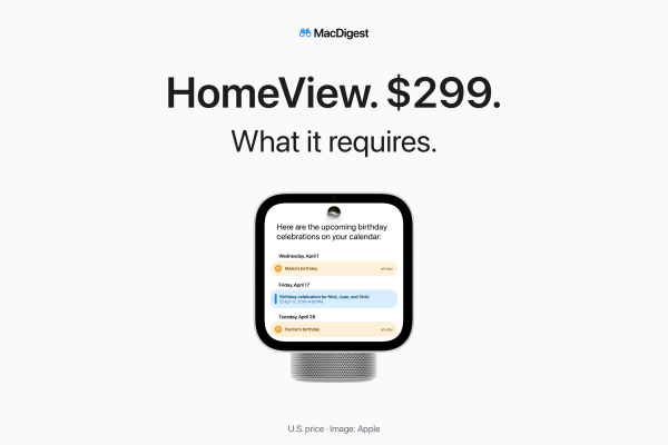 MacDigest cover reads “HomeView. $299. What it requires.” above Apple’s official HomeView product image showing a Siri AI Calendar demonstration.