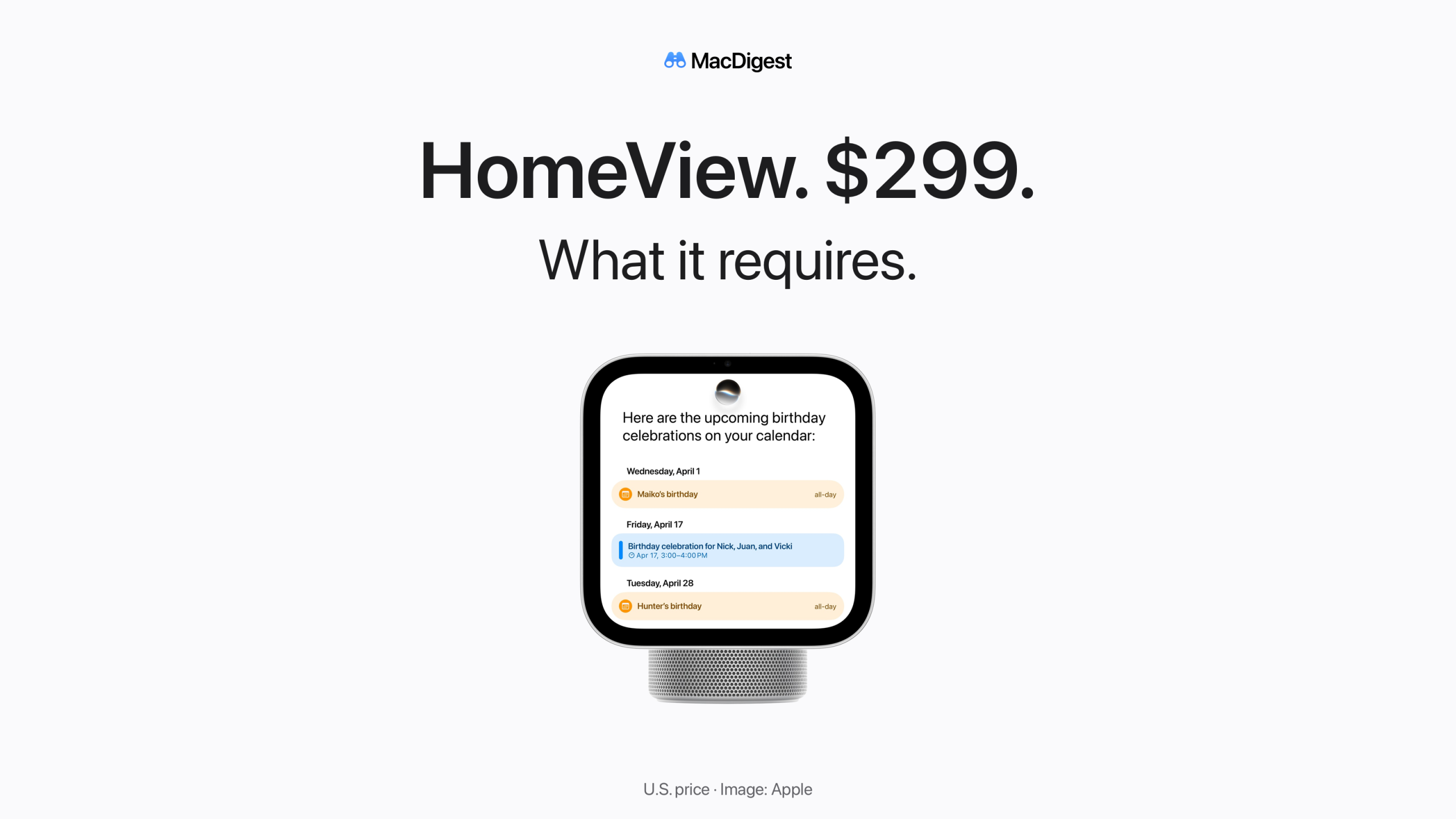 MacDigest cover reads “HomeView. $299. What it requires.” above Apple’s official HomeView product image showing a Siri AI Calendar demonstration.