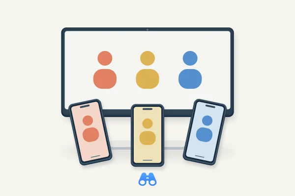 A shared display and three phones use matching colored player symbols, with the blue MacDigest binocular mark below.