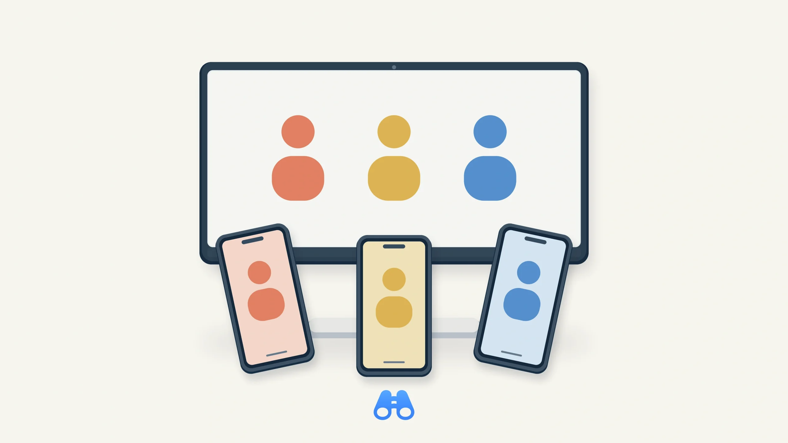 A shared display and three phones use matching colored player symbols, with the blue MacDigest binocular mark below.