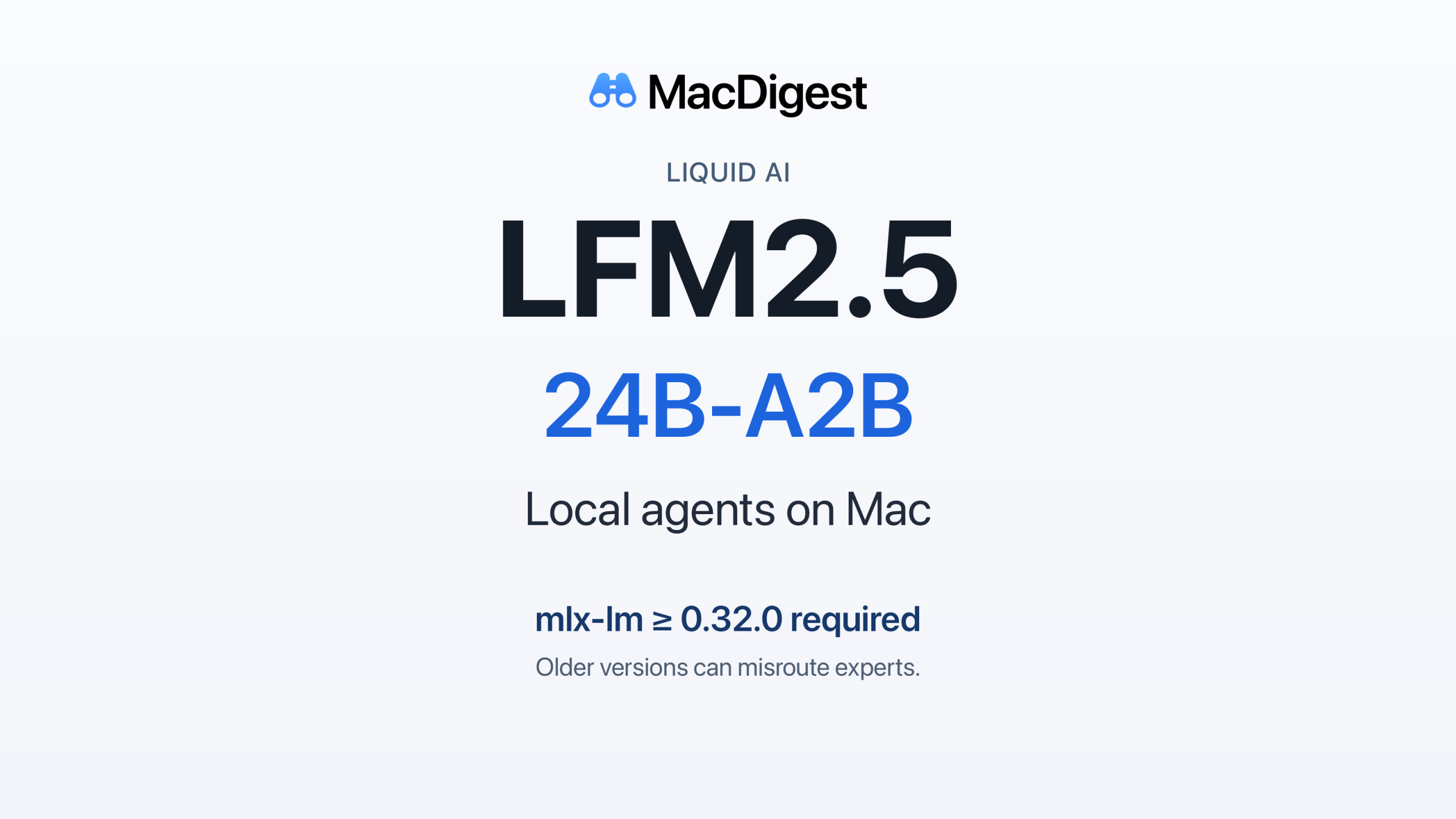 MacDigest cover for Liquid AI LFM2.5 24B-A2B: local agents on Mac, with mlx-lm 0.32.0 or later required.