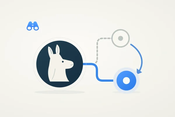 A cream llama silhouette connects through a blue route to a blue circular endpoint. A gray dashed route marks the previous endpoint, and a curved arrow indicates the move. The blue MacDigest binocular mark sits at upper left.