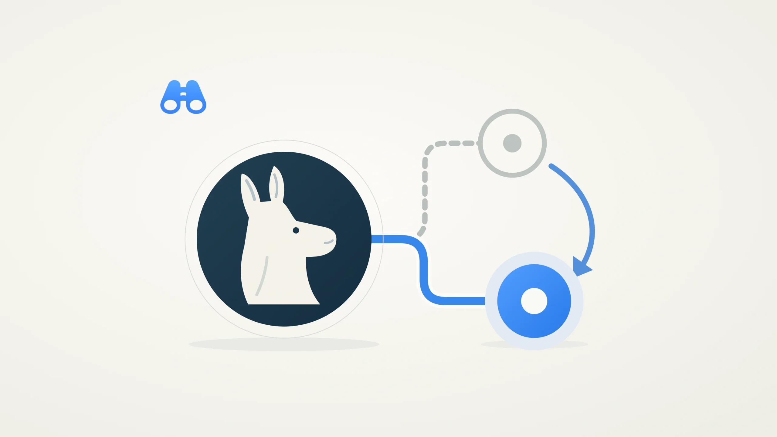 A cream llama silhouette connects through a blue route to a blue circular endpoint. A gray dashed route marks the previous endpoint, and a curved arrow indicates the move. The blue MacDigest binocular mark sits at upper left.