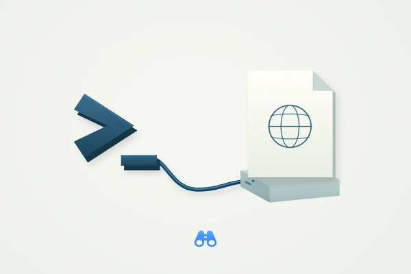 A dark blue terminal prompt connects through a blue cable to an ivory webpage standing above a small local server. The blue MacDigest binocular mark sits below.